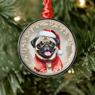 Ornamento De Metal Pug com roupa de Papai Noel - Natal 1