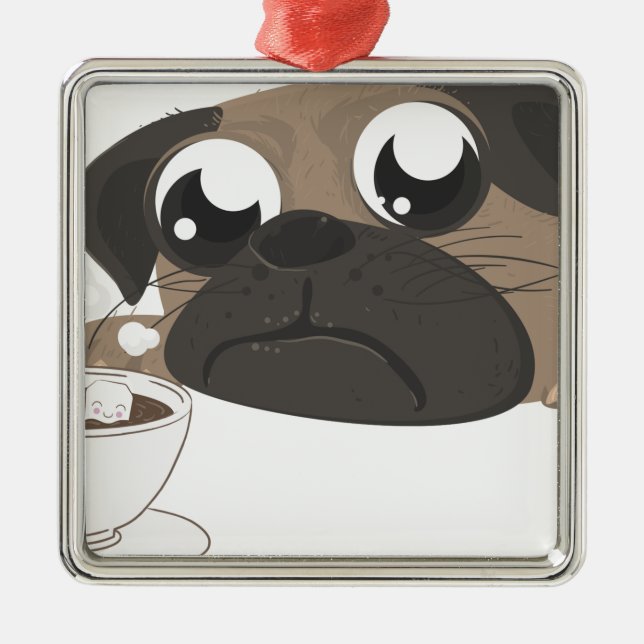 Ornamento De Metal Pug e café (Frente)