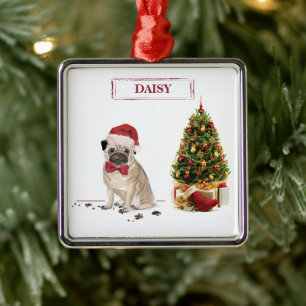 Ornamento De Metal Pug Engraçado Cachorro de Natal Engraçado com Árvo