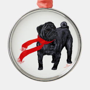 Ornamento De Metal Pugs com Cachecol Vermelho