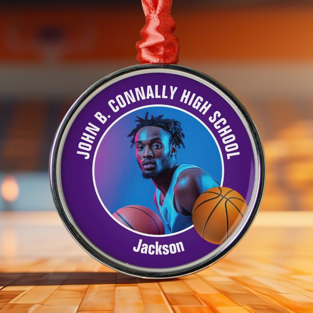 Ornamento De Metal Purple Basketball Player Photo Christmas (Criador carregado)