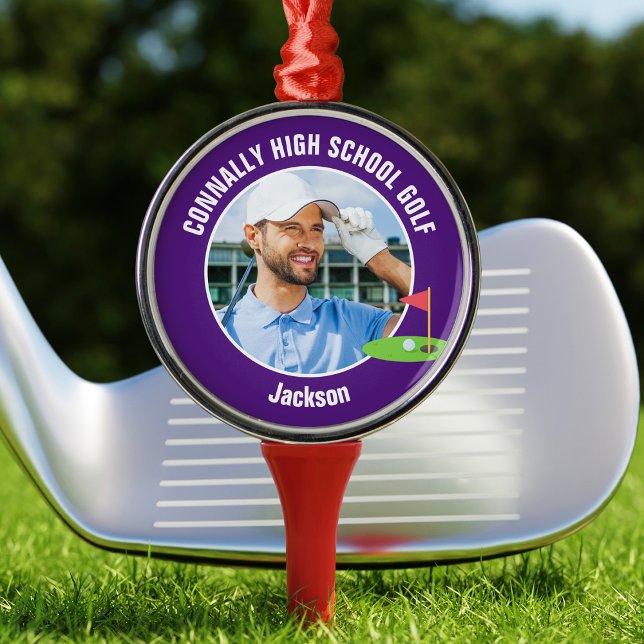 Ornamento De Metal Purple Golfer Photo Custom Golf Team Christmas (Criador carregado)