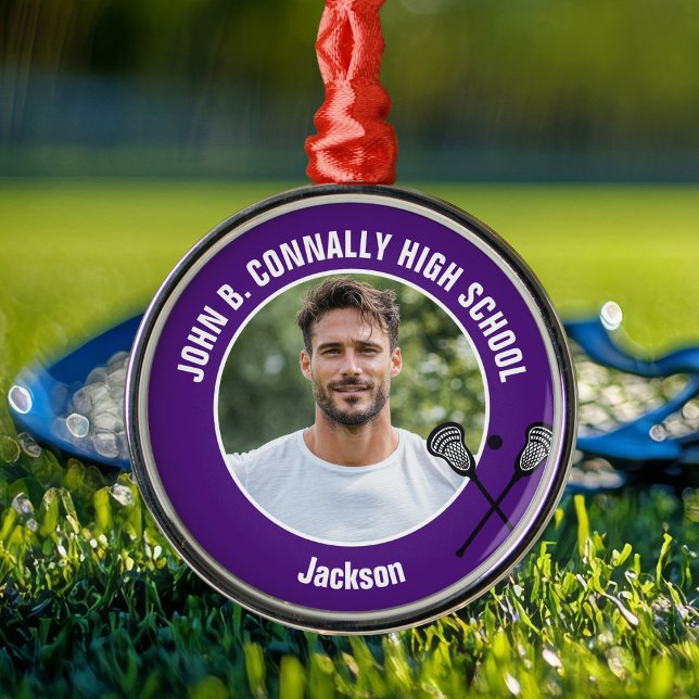 Ornamento De Metal Purple Lacrosse Player Photo High School Christmas (Criador carregado)