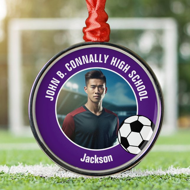 Ornamento De Metal Purple Soccer Player Photo High School Christmas (Criador carregado)