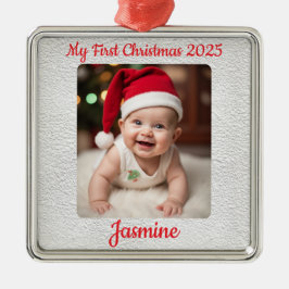 Ornamento De Metal Quadrado do Primeiro Natal do Bebê Personalizável