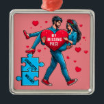 Ornamento De Metal Quebra-cabeça de Amor Personalizado - Minha Peça A<br><div class="desc">Apresentando uma design ao estilo cartoon que captura a essência do amor e da conexão. Neste design carinhoso, um homem devotado carregar seu amado namorada, simbolizando o ajustado sem costura de duas peças quebra-cabeça perfeitamente compatíveis juntas. Cada quebra-cabeça é adornado com um nome personalizado, acrescentando um toque de singularidade e...</div>