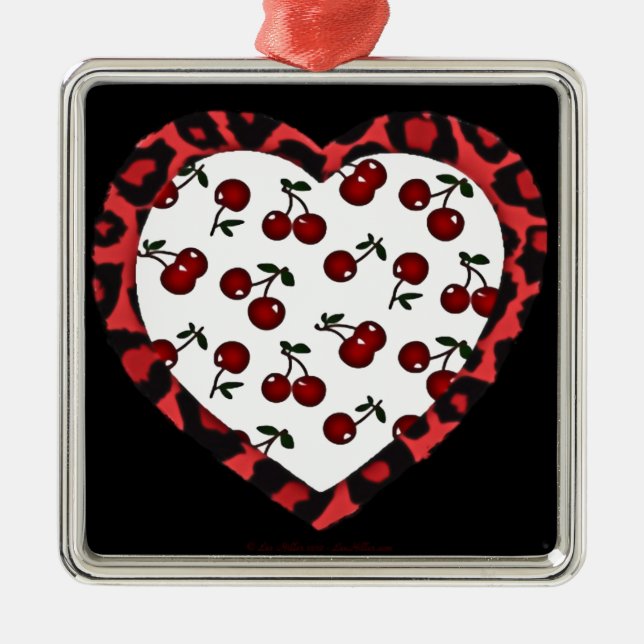 Ornamento De Metal RAB Rockabilly Cherries Leopard Print Heart (Frente)