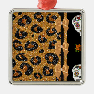 Ornamento De Metal RAB Rockabilly Dourado Estampa de Leopardo Açúcare