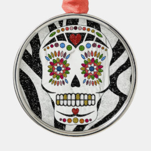 Ornamento De Metal RAB Rockabilly Sugar Skull on Zebra Print