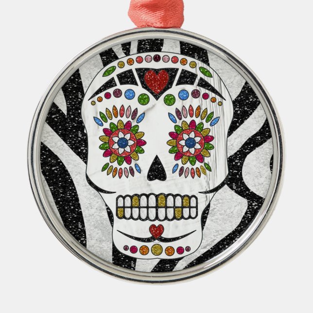 Ornamento De Metal RAB Rockabilly Sugar Skull on Zebra Print (Frente)