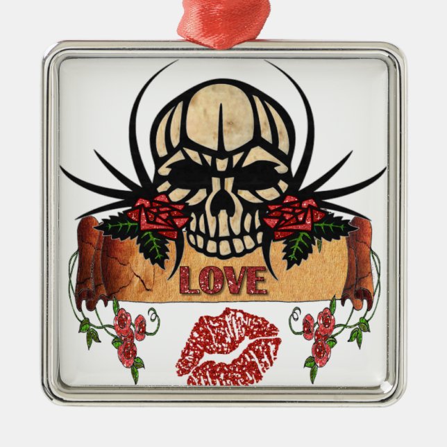 Ornamento De Metal RAB Rosas de crânio Rockabilly Love Lipstick (Frente)