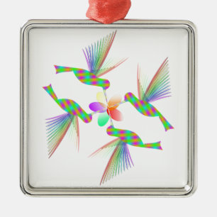 Ornamento De Metal Rainbow Hummingbird Beijando Uma Flor