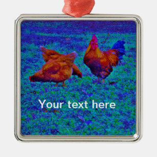 Ornamento De Metal Rainbow Rooster & Hens, Blue Elétrico