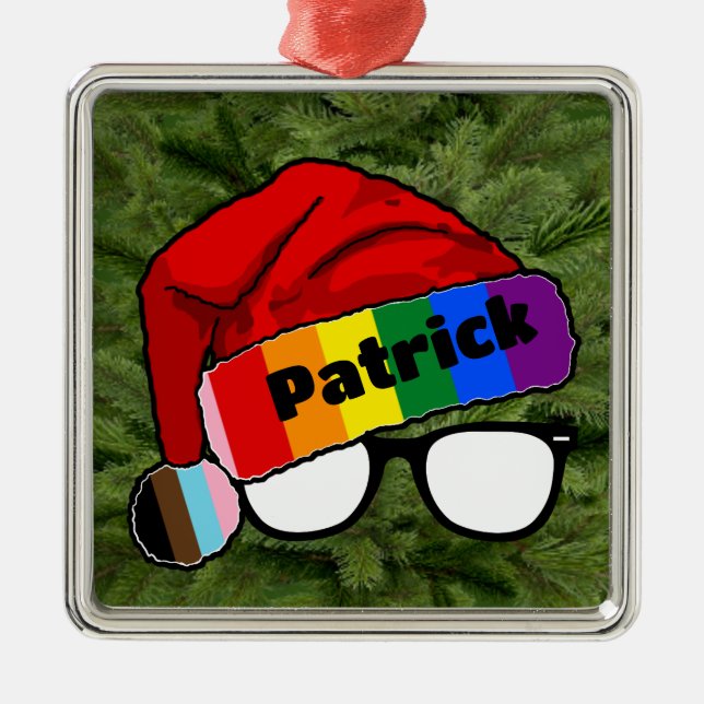Ornamento De Metal Rainbow Santa Hat com óculos (Frente)