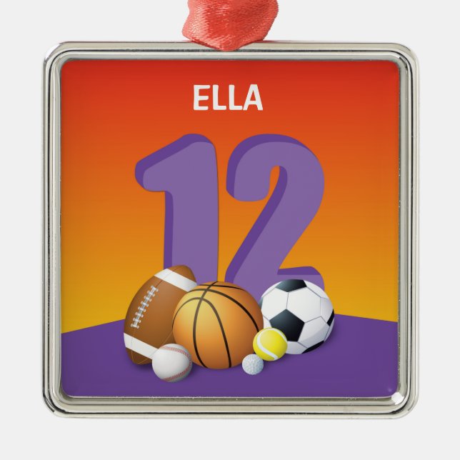 Ornamento De Metal Rapariga 12 Birthday Sports Balls (Frente)