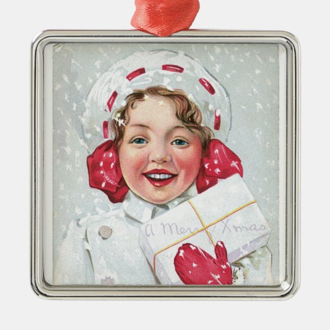 Ornamento De Metal Rapariga de Natal com Pacote (Frente)