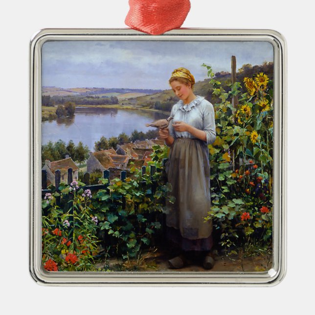 Ornamento De Metal Rapariga e sua Pet Dove (Jovem e Pássaro) (Frente)