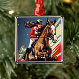 Ornamento De Metal Rapariga Personalizada e Cavalo Saltando no Natal