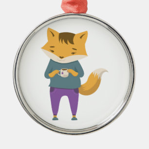 Ornamento De Metal Raposa-branca com xícara de chá