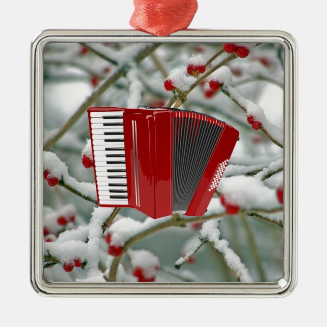 Ornamento De Metal Red Accordion - Berries in the Snow Background (Frente)