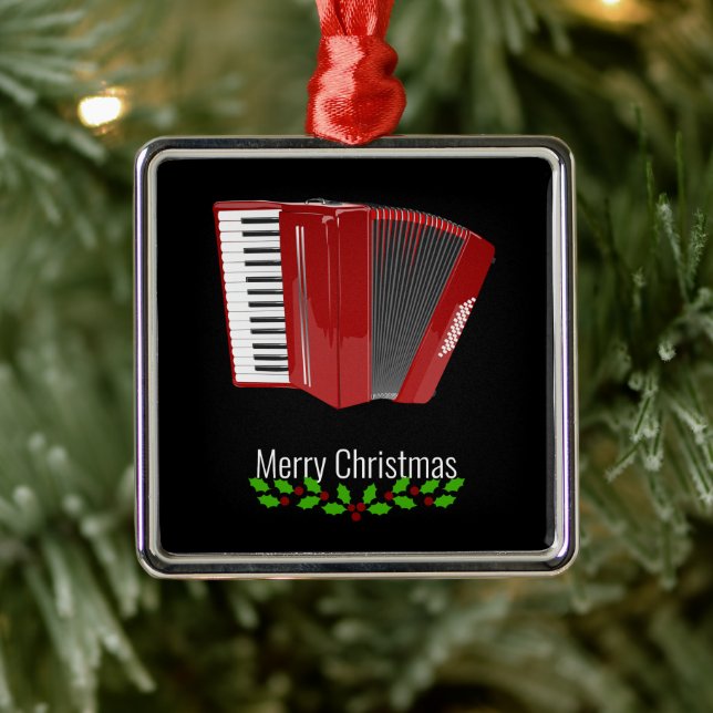 Ornamento De Metal Red Accordion, Merry Christmas,  (Árvore)