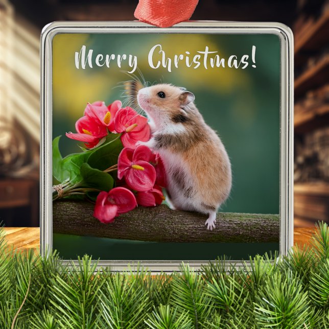 Ornamento De Metal Red Arthurium com Hamster Feliz Natal (Criador carregado)