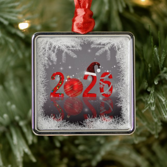Ornamento De Metal Red Festive Merry Christmas New Year 2026 (Árvore)