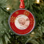 Ornamento De Metal Red Gold Babys First Christmas Gift Ceramic Orname<br><div class="desc">Bright Snowflakes Christmas holiday photo ornament for new parents who just had a baby. Personalize it by adding the name. Makes a perfect gift for your friends or family.</div>