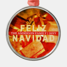 Ornamento De Metal Red Gold Feliz Navidad Modern Elegant Christmas