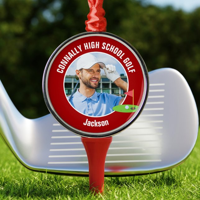 Ornamento De Metal Red Golfer Photo High School Golf Team Christmas (Criador carregado)