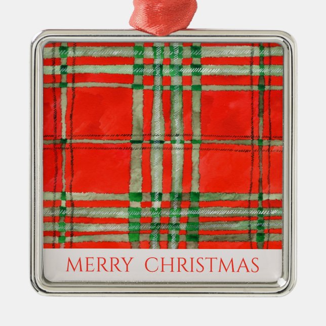 Ornamento De Metal RED SCOTT TARTAN Premium Square Ornament + Texto (Frente)