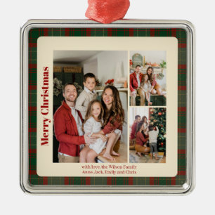 Ornamento De Metal Red Script Classy Xadrez 3 fotos Natal