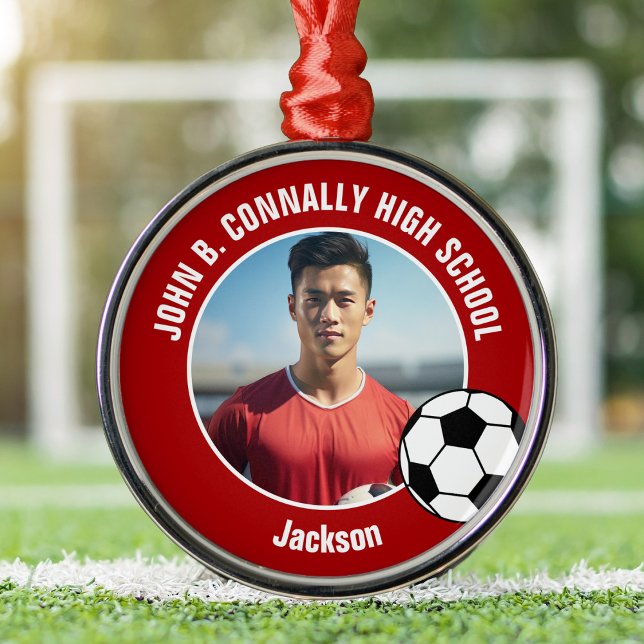Ornamento De Metal Red Soccer Player Photo High School Christmas (Criador carregado)