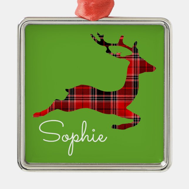 Ornamento De Metal Red Tartan rendeer Scottish Christmas name present (Frente)