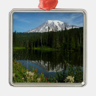 Ornamento De Metal Reflexo do Lago Monte Rainier com Flores Silvestre