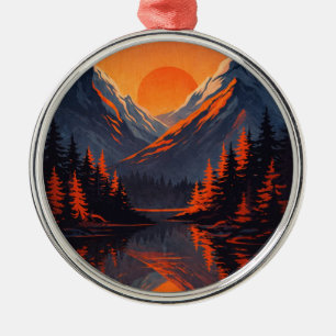 Ornamento De Metal Reflexo do Pôr do Sol na Montanha com Céu Laranja