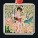 Ornamento De Metal Regência de Mulher Vitoriana Flórida Rosa<br><div class="desc">Um tema rico e elegante da era vitoriana com uma linda pintura de J. Barrick (1908) e a dissociação de flores de colagem,  borboleta,  fundo William Morris e espirais.</div>