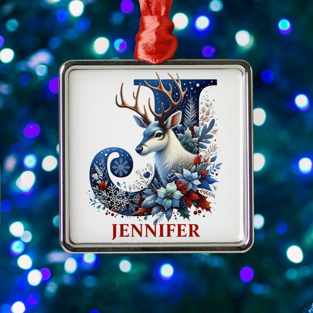 Ornamento De Metal Reindeer de Natal Monograma - Letra J Nome Persona (Criador carregado)