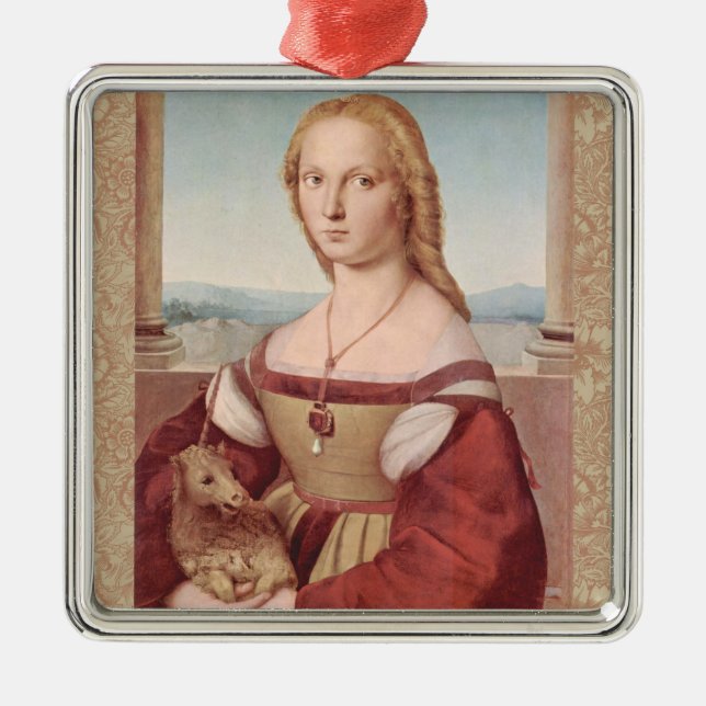 Ornamento De Metal Renascance Unicorn e Lady Raphael Painting (Frente)