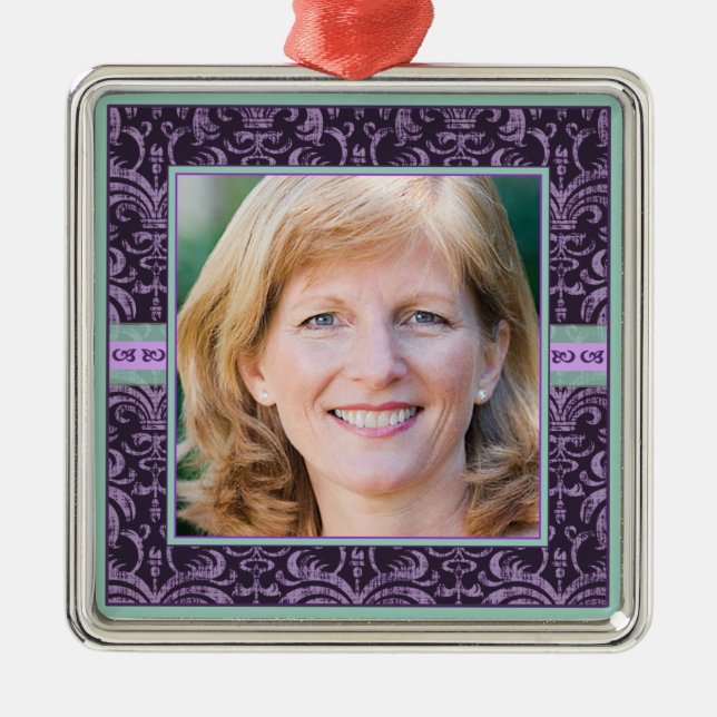 Ornamento De Metal Retrato da mãe na foto roxa elegante do damasco (Frente)