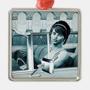 Ornamento De Metal Retrato de Mulher Glamour Azul Vintage