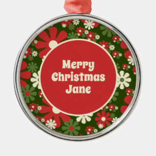 Ornamento De Metal Retro 60s 70s Floral Feliz Natal Personalizado