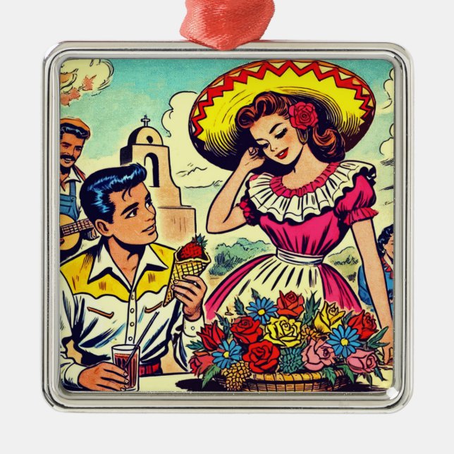 Ornamento De Metal Retro Love Casal Comic (Frente)