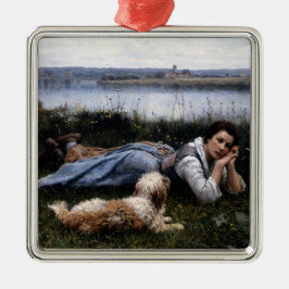 Ornamento De Metal Reverioso (Garota deitada na grama com seu cachorr