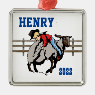 Ornamento De Metal Rodeo Ocidental - Criança do Cowboy Mutton Buster 