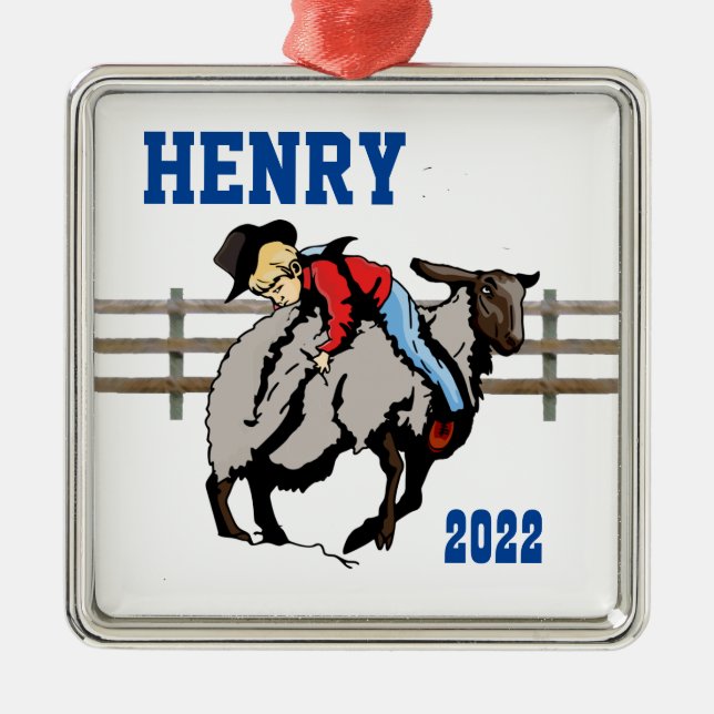 Ornamento De Metal Rodeo Ocidental - Criança do Cowboy Mutton Buster  (Frente)