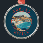 Ornamento De Metal Rodes Grécia Círculo Retrovisso<br><div class="desc">Rodes retro vetor viagem design. Rodes,  a maior das ilhas Dodecanesas da Grécia,  é conhecida pelas suas zonas de praia,  e ruínas antigas.</div>
