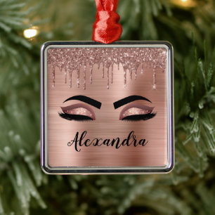 Ornamento De Metal Rosa Dourado Glitter Sparkle Eyelashes Monograma