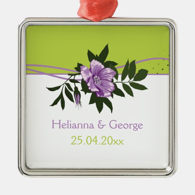 Ornamento De Metal Rosa floral selvagem verde de casamento (Frente)