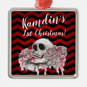 Ornamento De Metal Rosa Gothic Chevron vermelho-preto